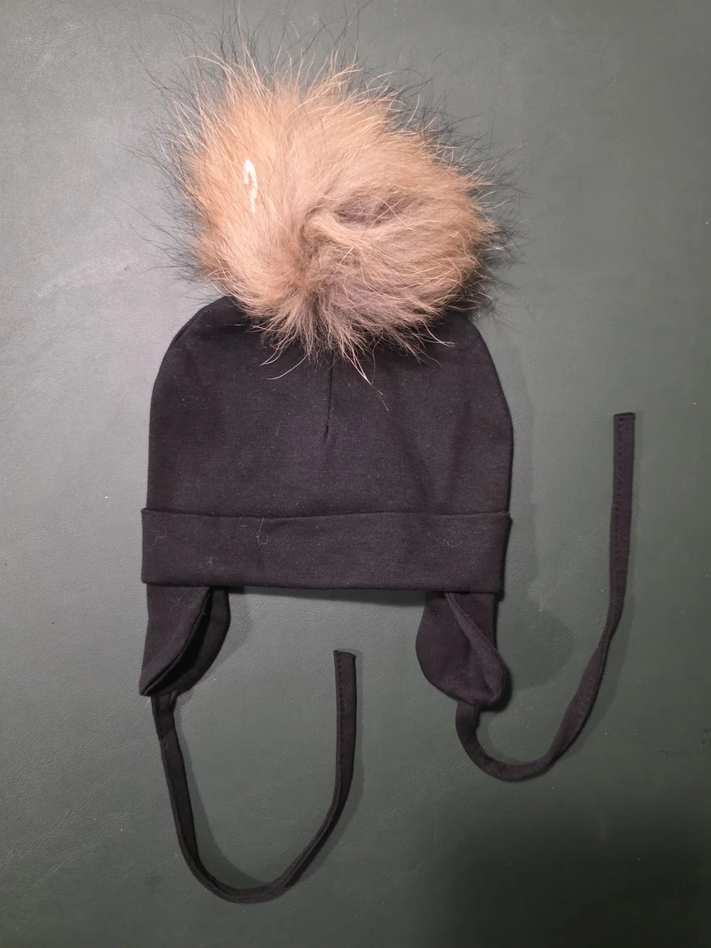 Kids Black Pom Pom Winter Hat with Ties